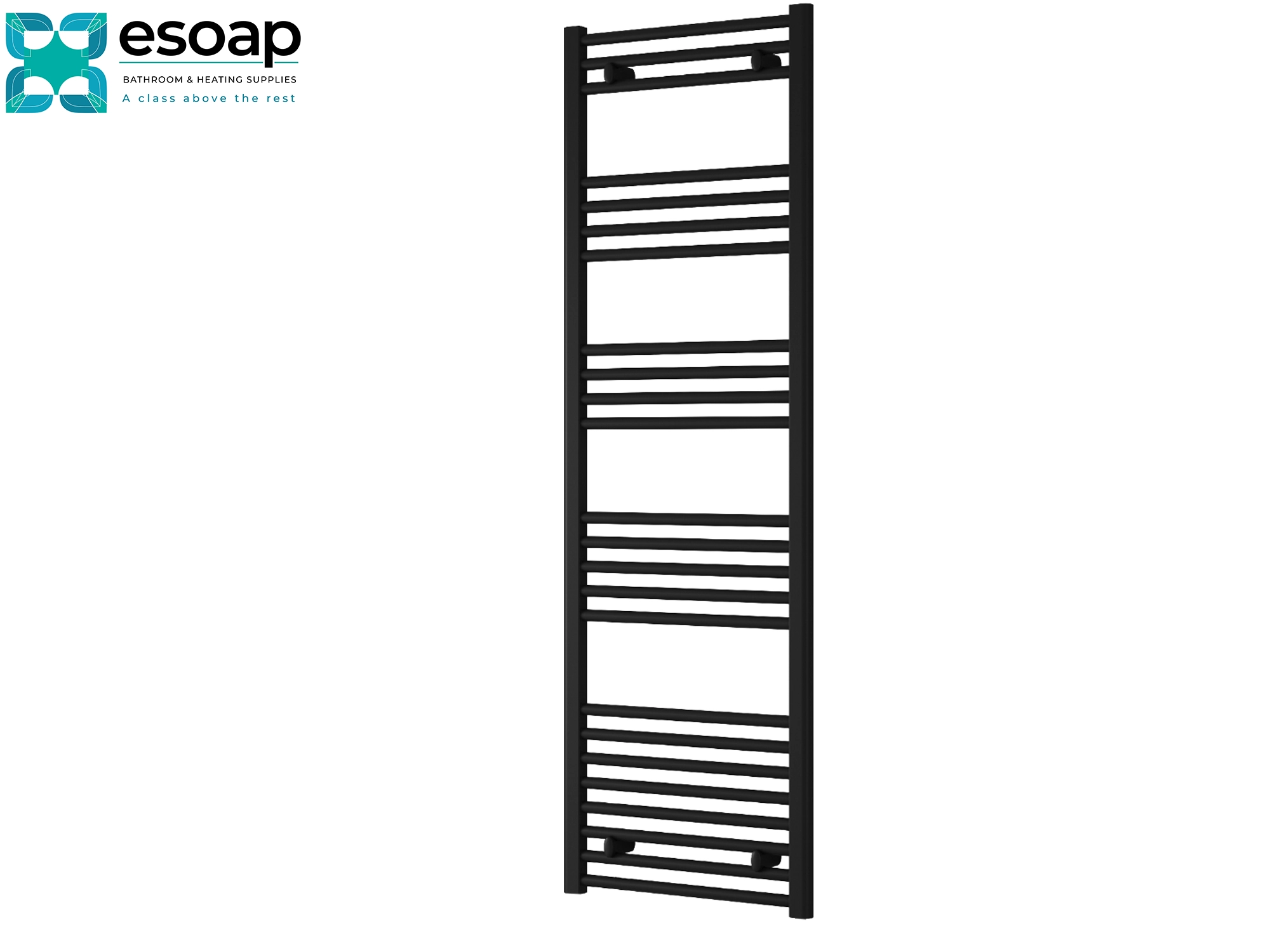 Black towel radiator capo flat electric 1600 x 500 on a white background with Esoap branding.