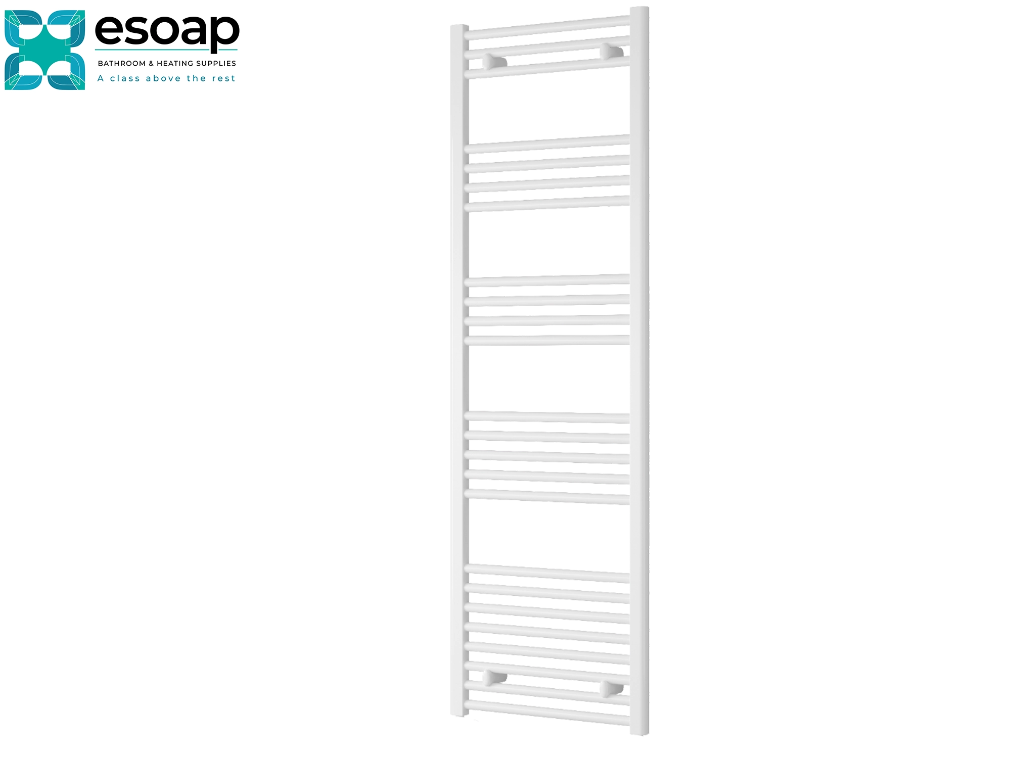 White towel radiator capo flat electric 1600 x 500 on a white background with Esoap branding.