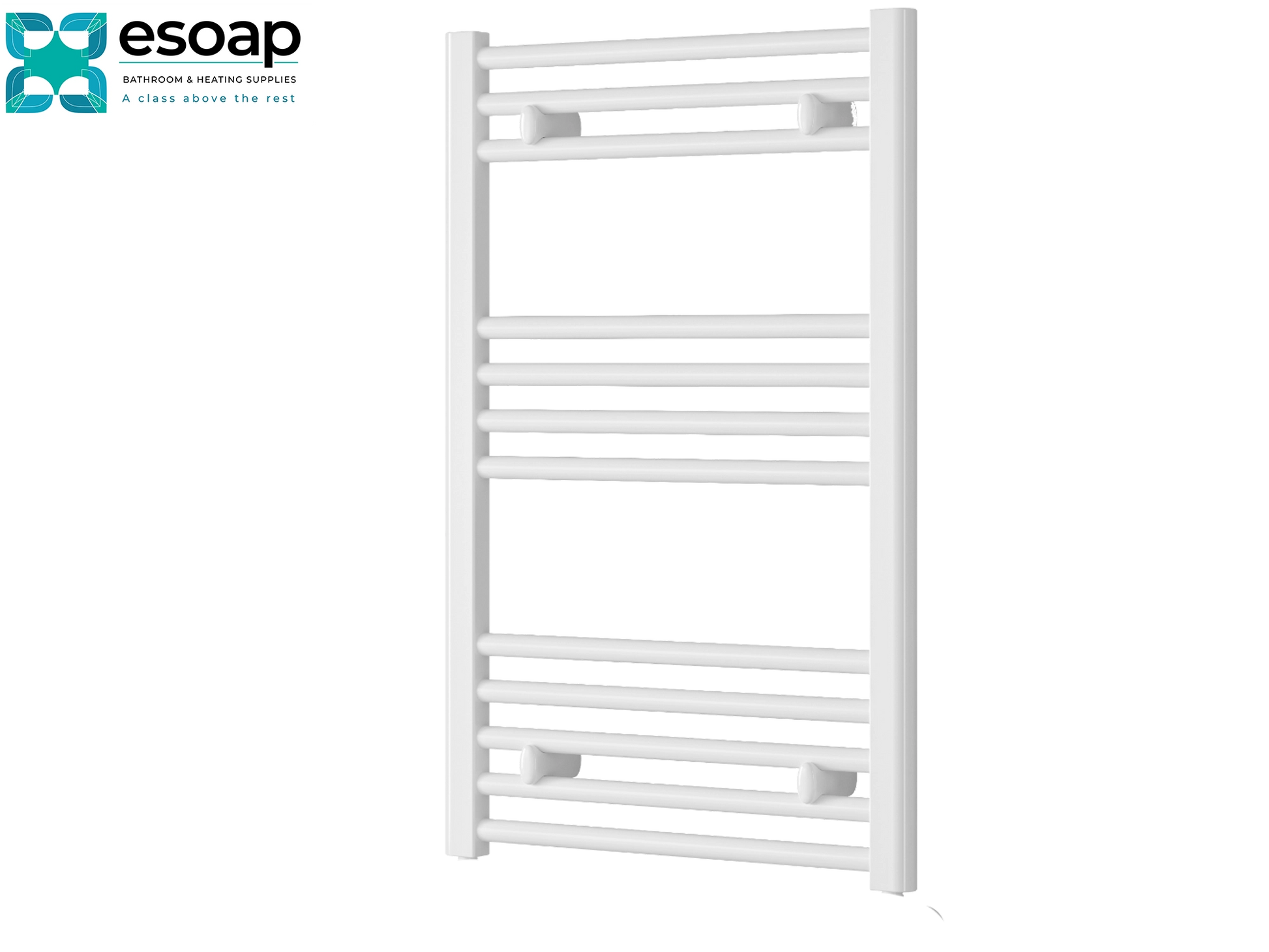 White towel radiator capo flat electric 800 x 500 on a white background with Esoap branding.