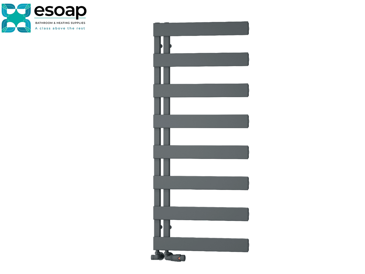 A dark gray heated towel rail with eight horizontal bars and a vertical support frame, shown on a plain white background with the Esoap logo in the top-left corner Reina Carpena 1190x500 Anthracite Designer Radiator