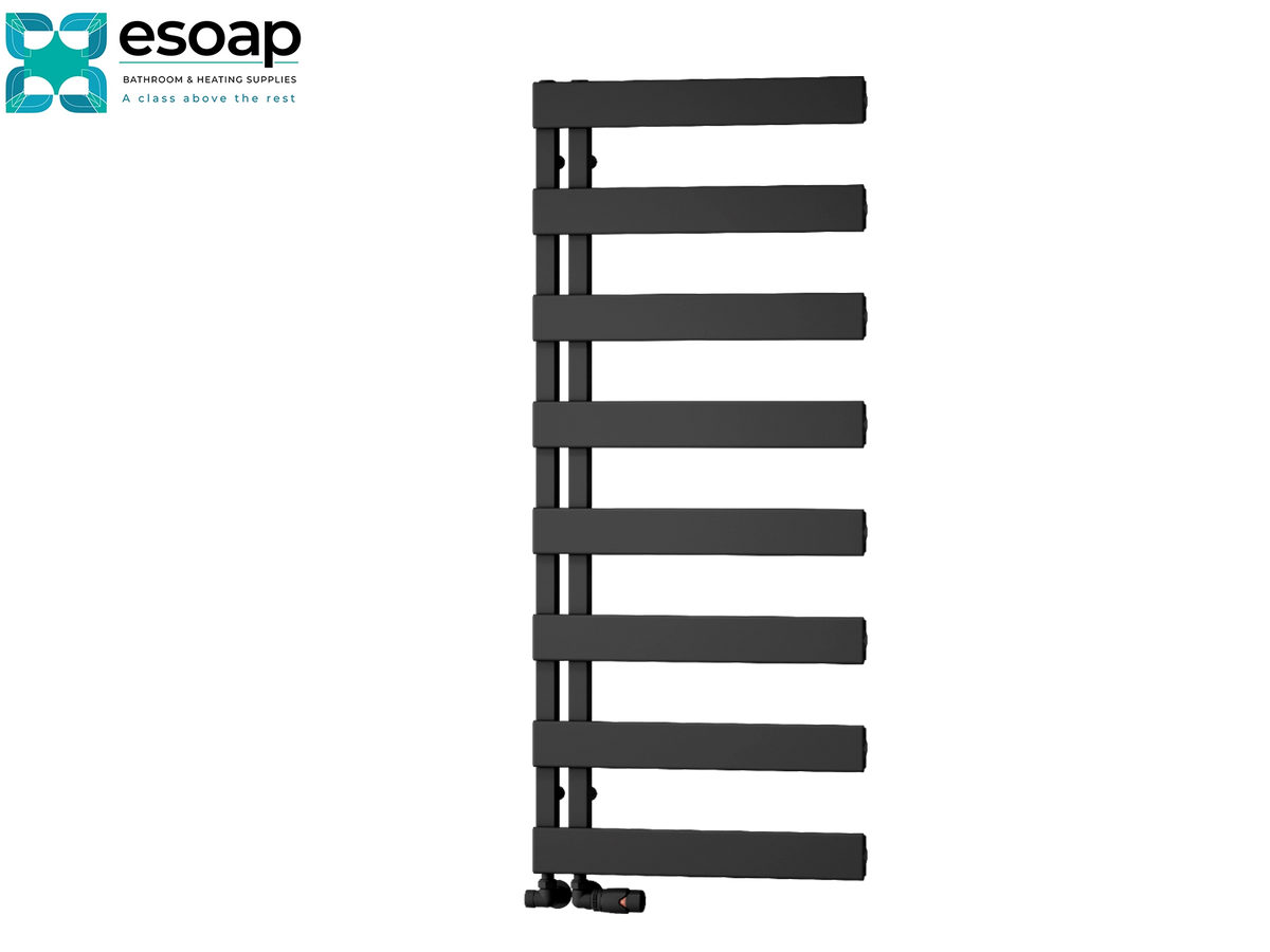 A tall, modern dark gray heated towel rail with horizontal bars, shown on a plain white background with the Esoap brand logo in the top-left corner Reina Carpena 1190x500 Black Designer Radiator