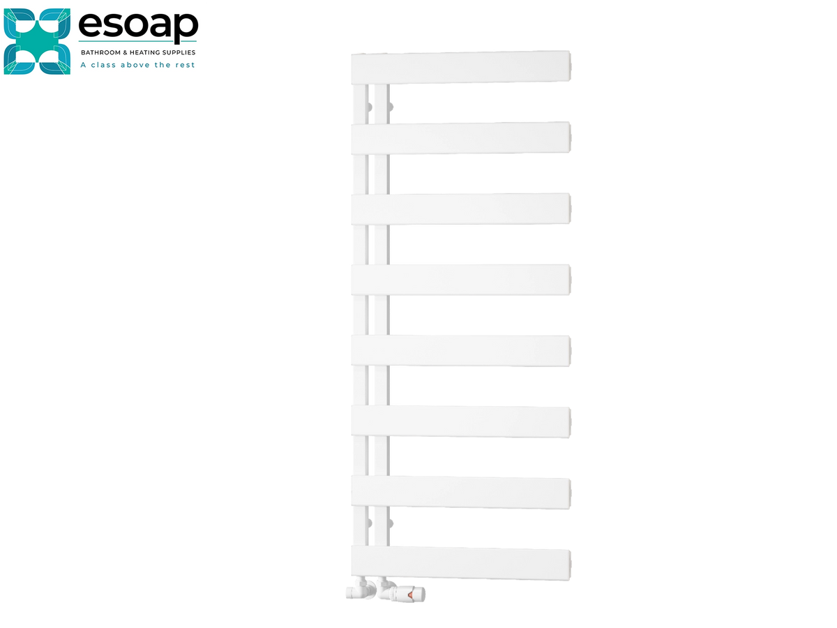 A white heated towel rail with horizontal bars, shown against a plain white background with the Esoap brand logo in the top-left corner Reina Carpena 1190x500 White Designer Radiator