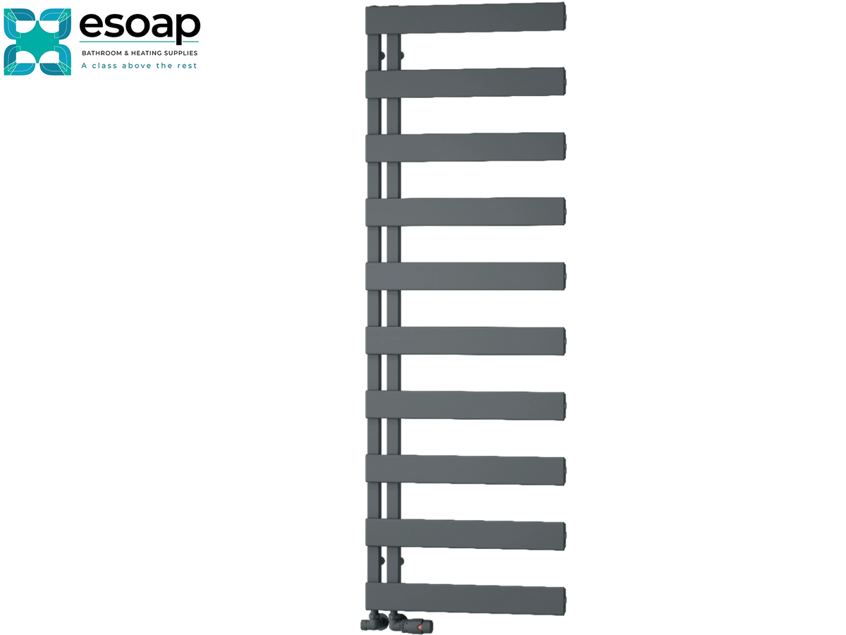 A tall, modern gray heated towel rail with multiple horizontal bars, shown against a plain white background with the Esoap logo in the top-left corner Reina Carpena 1510x500 Anthracite Designer Radiator