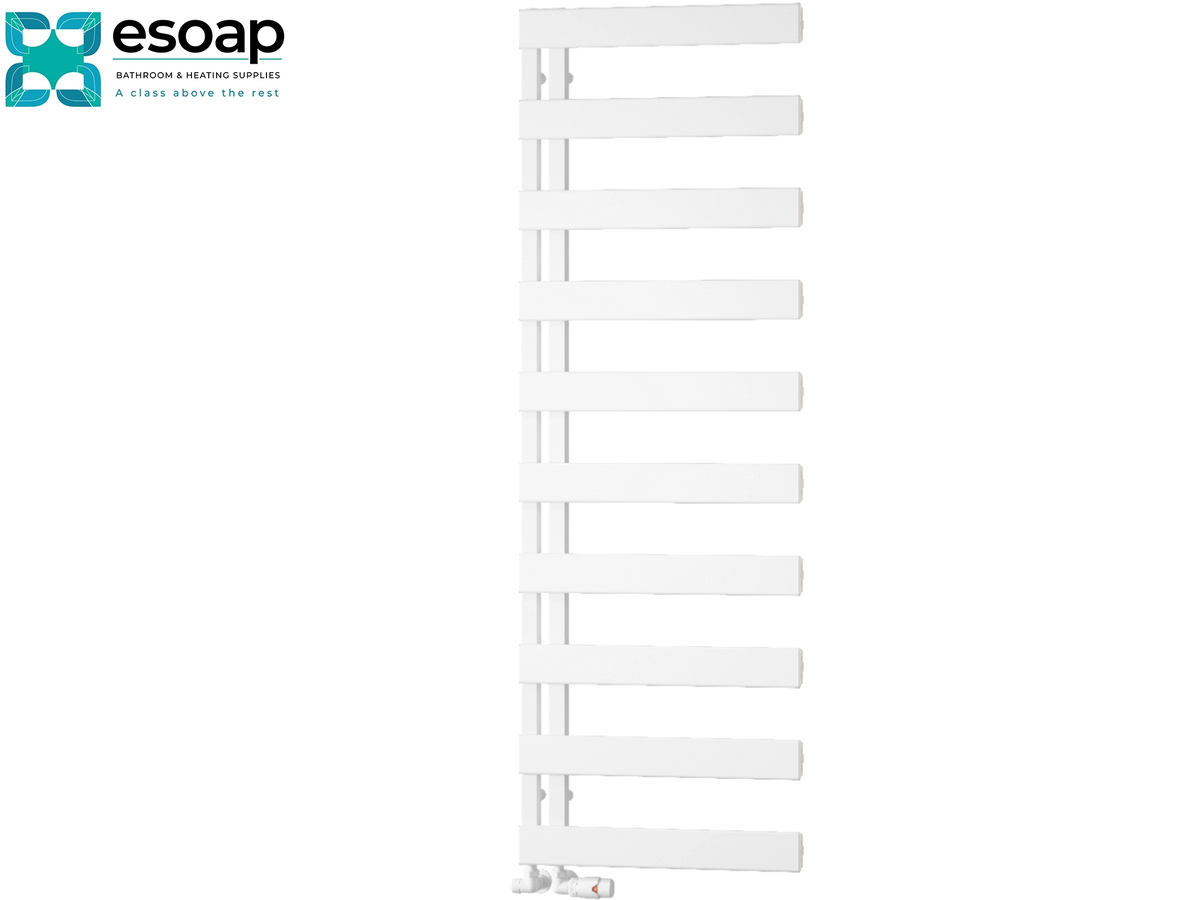 A tall white heated towel rail with horizontal bars, shown against a plain white background. The Esoap brand logo is visible in the top-left corner Reina Carpena 1510x500 White Designer Radiator
