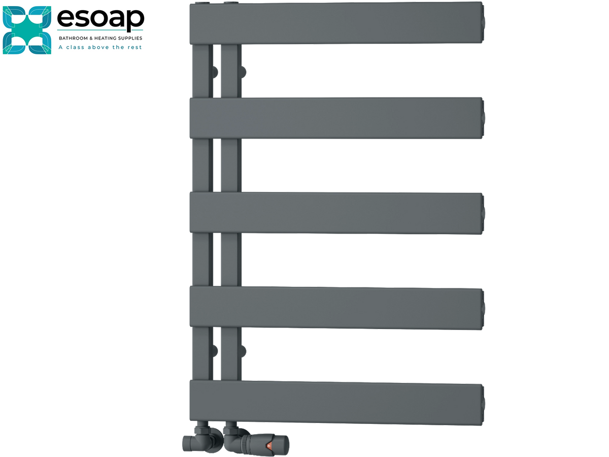 A dark gray heated towel rail with five horizontal bars and a bottom valve assembly, shown on a plain white background with the Esoap logo in the top-left corner Reina Carpena 710x500 anthracite Designer Radiator