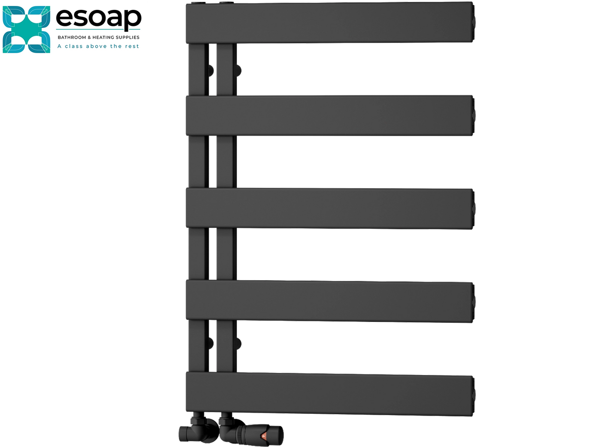 A dark gray heated towel rail with five horizontal bars and a bottom-mounted radiator valve, shown on a plain white background with the Esoap logo in the top-left corner Reina Carpena 710x500 Black Designer Radiator