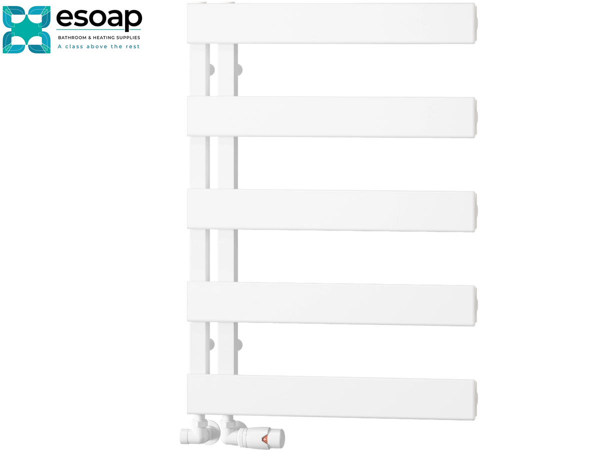 White heated towel rail with five horizontal bars and a vertical support frame, shown on a plain white background with the Esoap logo in the top-left corner Reina Carpena 710x500 White Designer Radiator