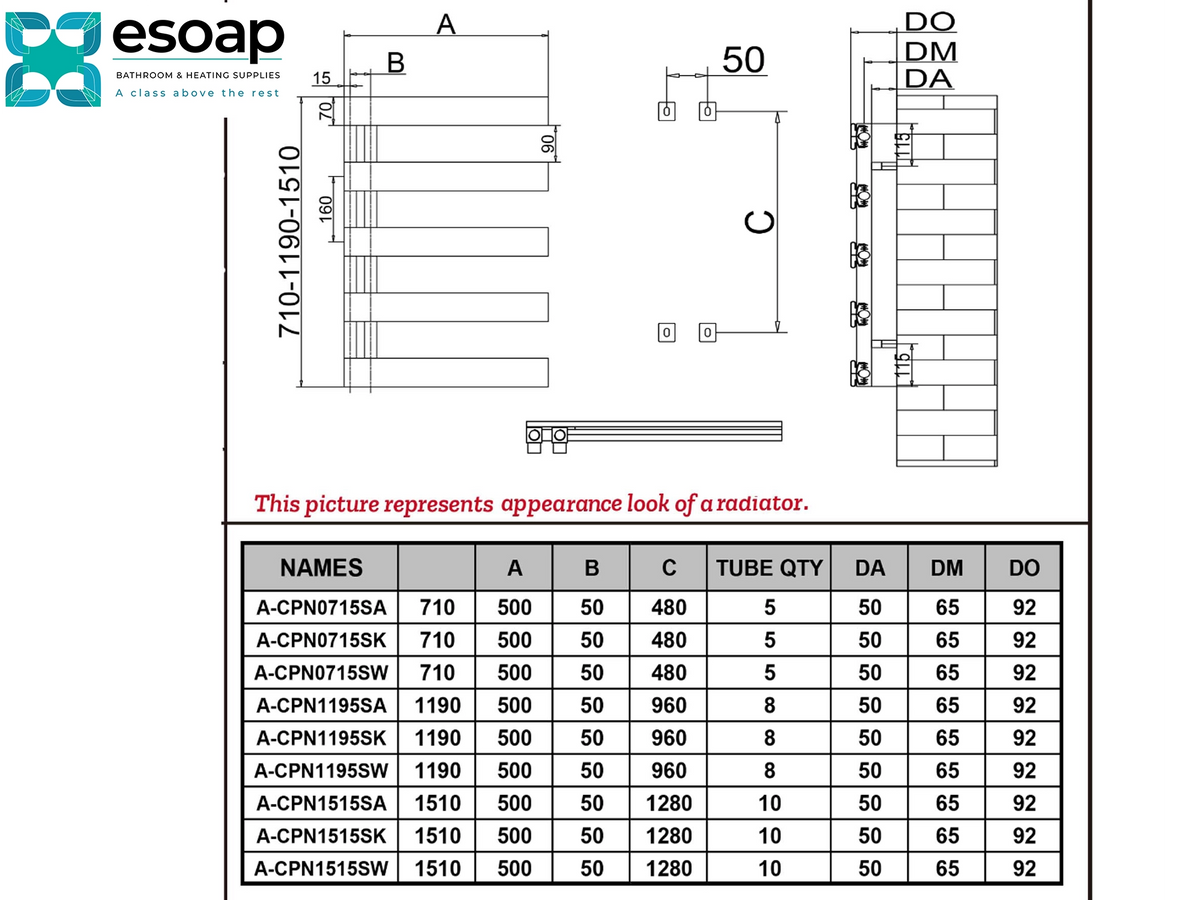 Technical specification sheet and dimension diagram for radiator tubes, showing labeled front and side views with dimensions A, B, C, DO, DM, and DA, plus a table listing model numbers and tube quantities. The Esopq brand logo appears at the top left Reina Carpena Designer Radiator