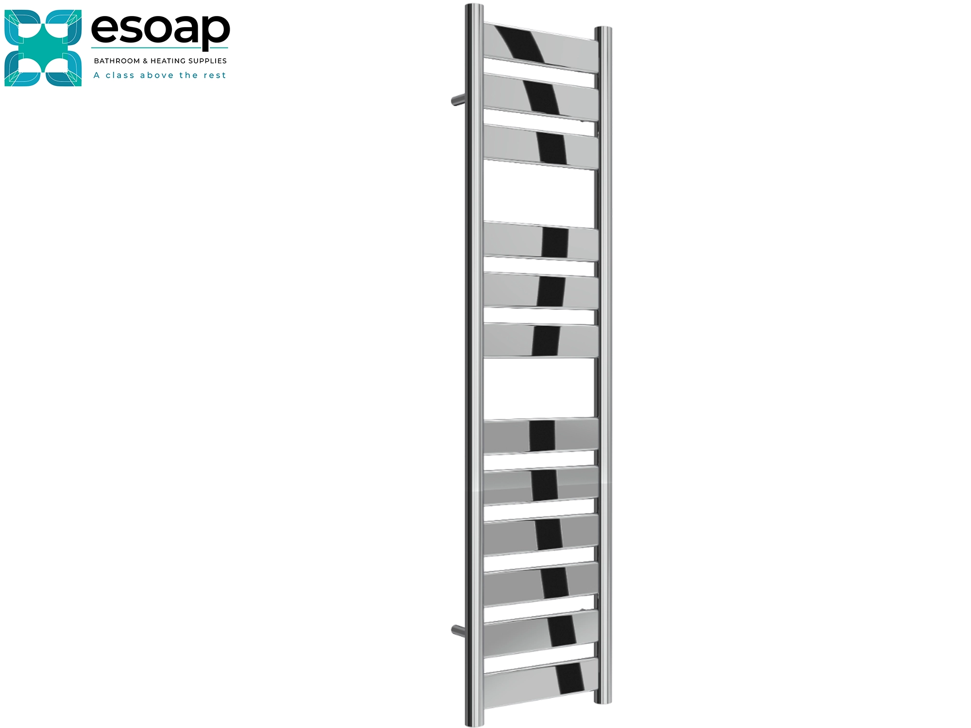  Carpi 1200 x 300 Chrome towel radiator on a white background with Esoap branding.