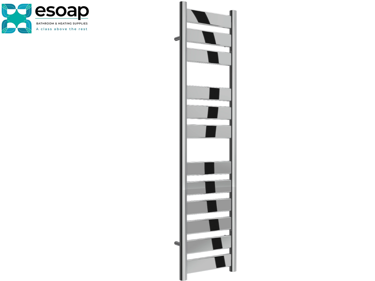 A tall, narrow chrome towel rail with alternating horizontal bars and black diagonal accent strips, shown on a plain white background with the Esoap logo in the top-left corner Reina Carpi 1200x300 Chrome Designer Radiator