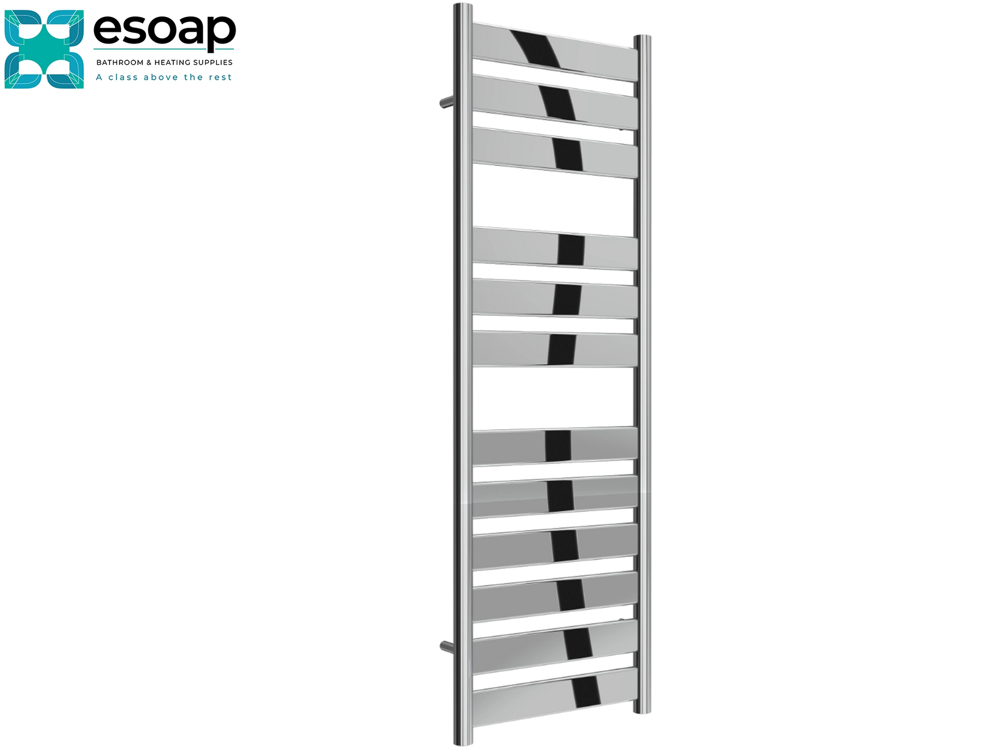 Capri 1200x400 Chrome towel radiator with horizontal slats on a white background, branded 'esoap'.