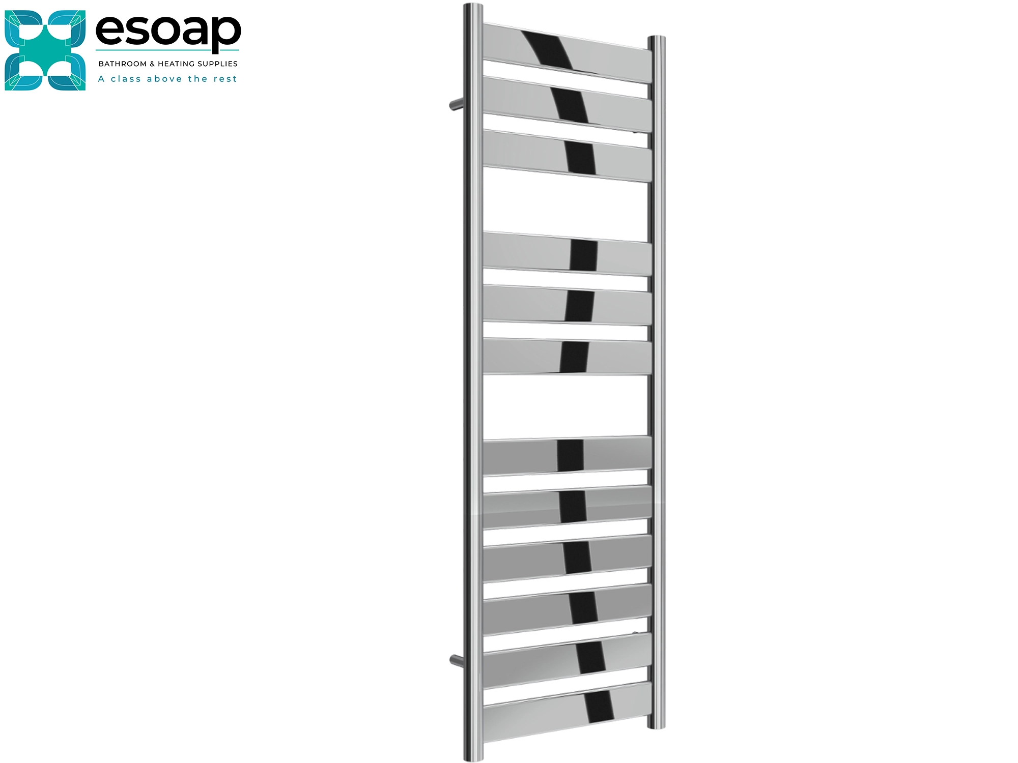 Capri 1200x400 Chrome towel radiator with horizontal slats on a white background, branded 'esoap'.