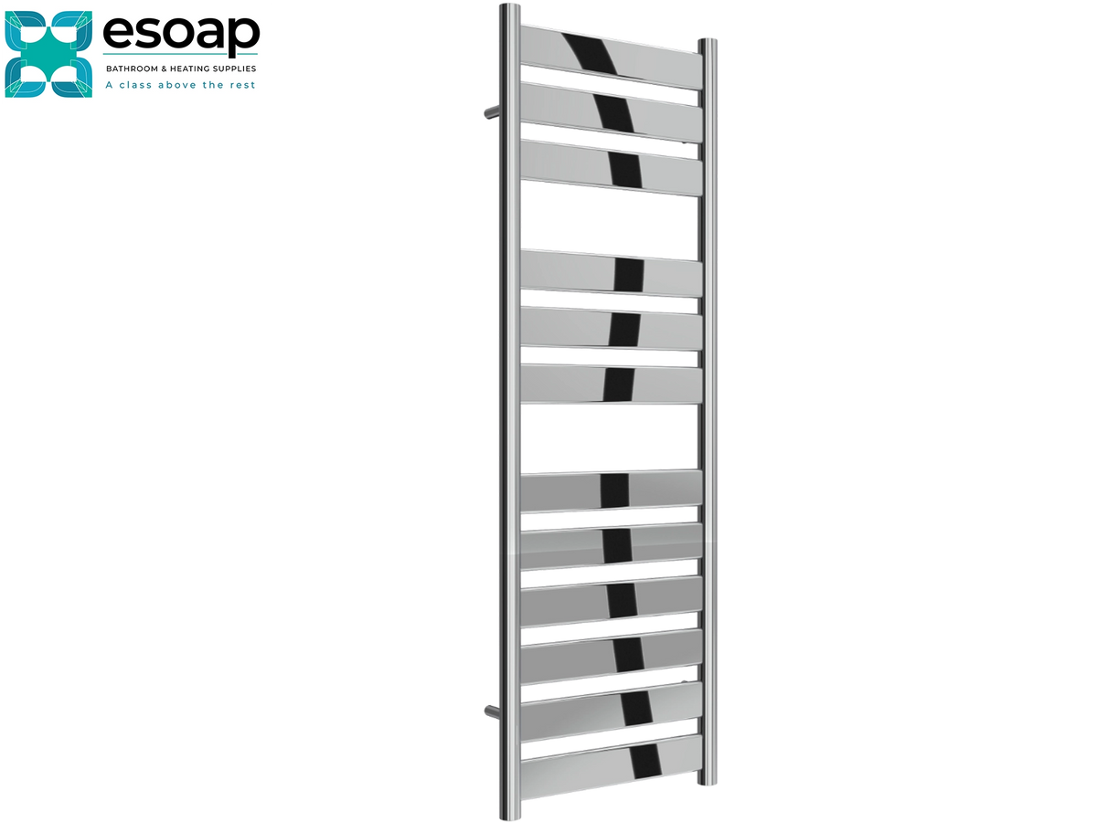 A tall, modern chrome towel rail with alternating horizontal bars and black accent strips, shown on a plain white background with the Esoap logo in the top-left corner Reina Carpi 1200x400 Chrome Designer Radiator