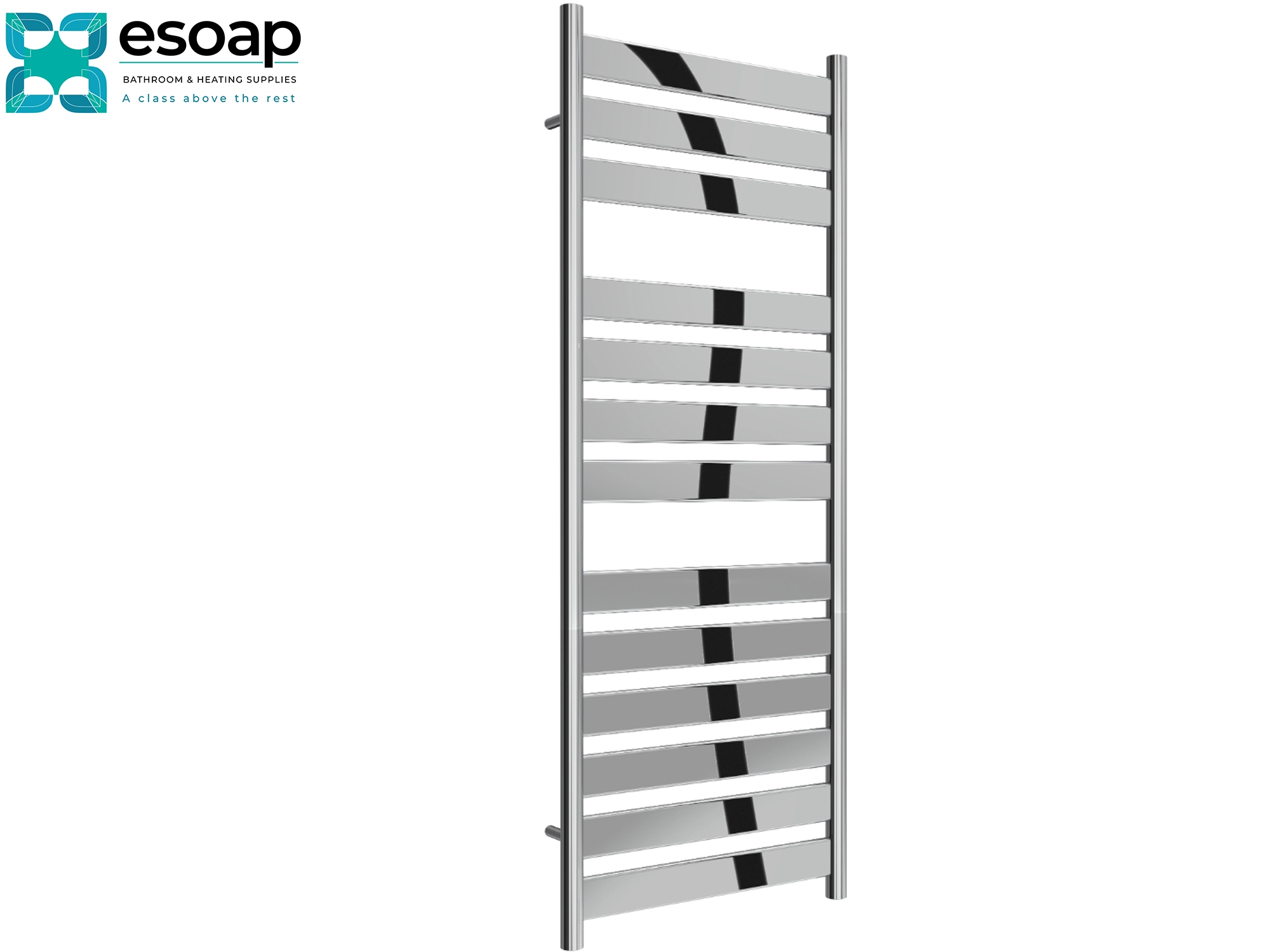 Carpi 1300 x 500 Chrome towel rack with horizontal slats on a white background, branded 'esoap'.