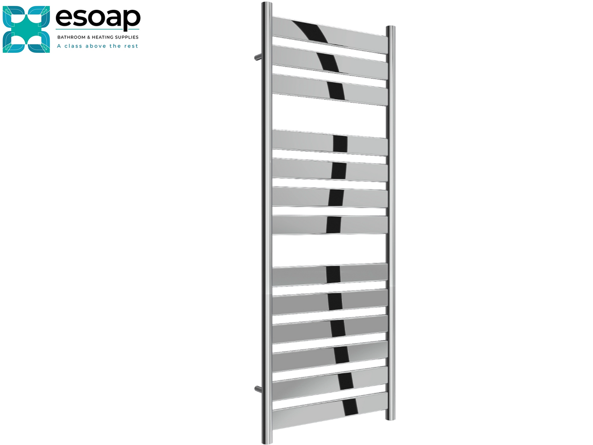 A tall, modern heated towel rail with horizontal silver bars and black accent stripes, shown on a plain white background with the Esoap logo in the top-left corner for Reina Carpi 1300x500 Chrome Designer Radiator