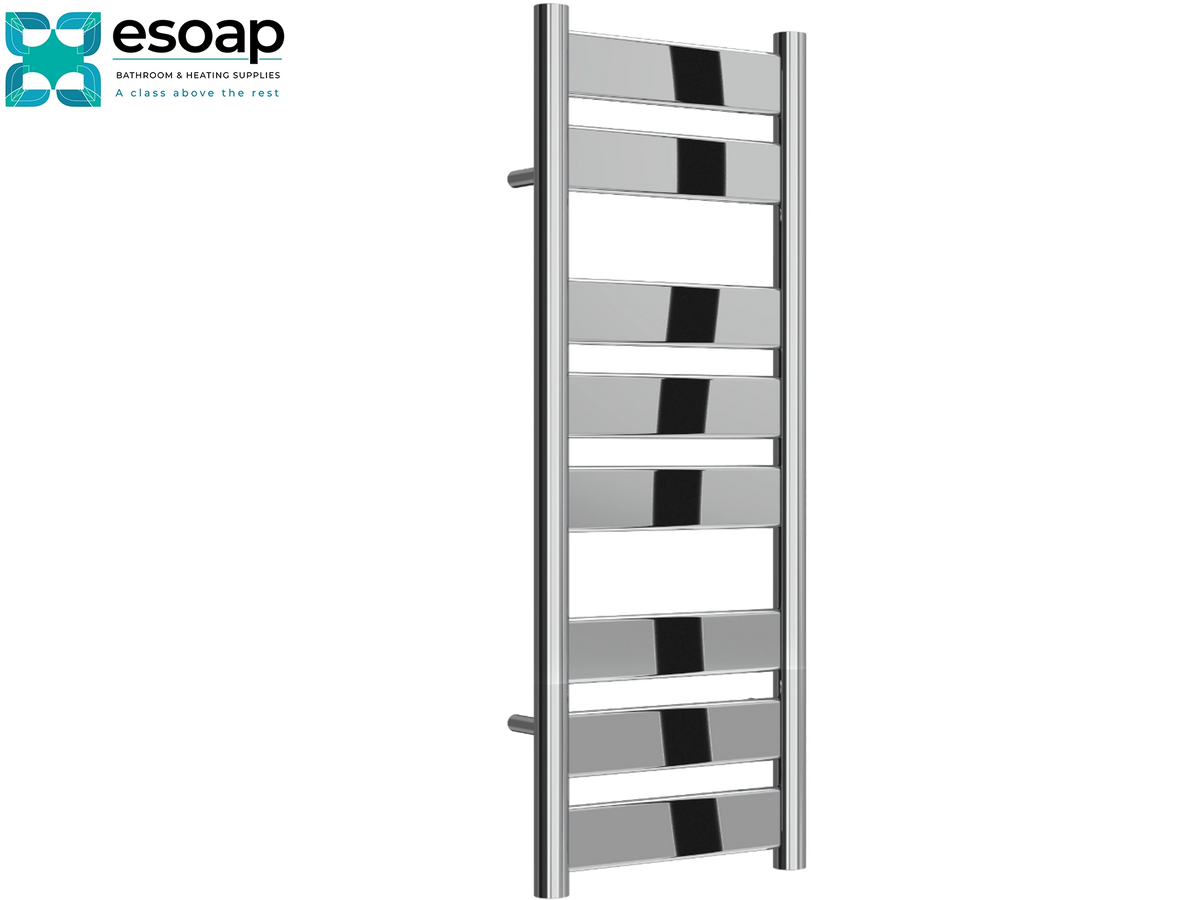 A modern chrome towel rail with alternating silver and black horizontal bars, shown on a plain white background with the Esoap logo in the top-left corner for Reina Carpi 800x300 Chrome Designer Radiator