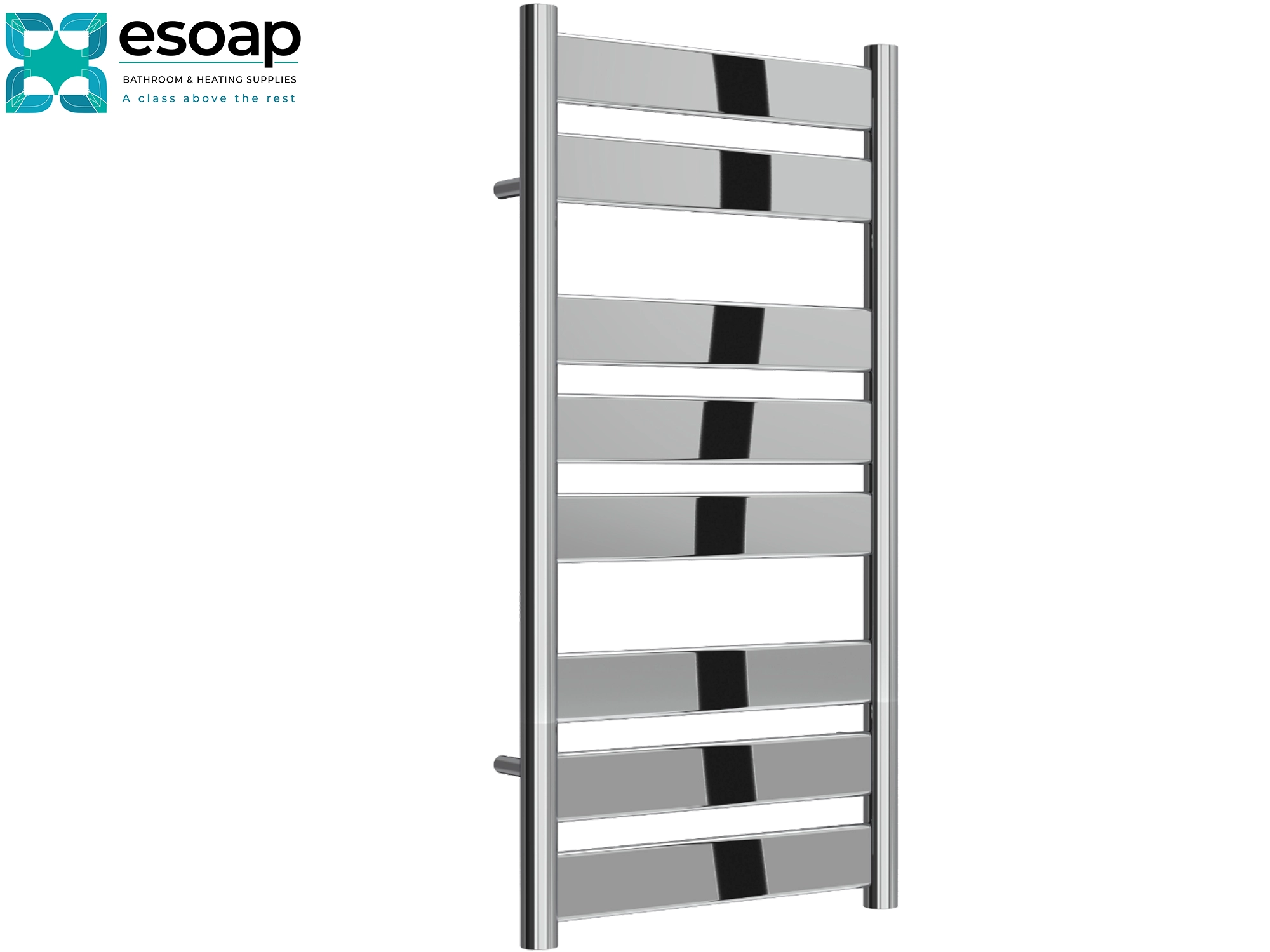  Carpi 800 x 400 Chrome towel radiator with black accents on a white background, branded with 'esoap'.
