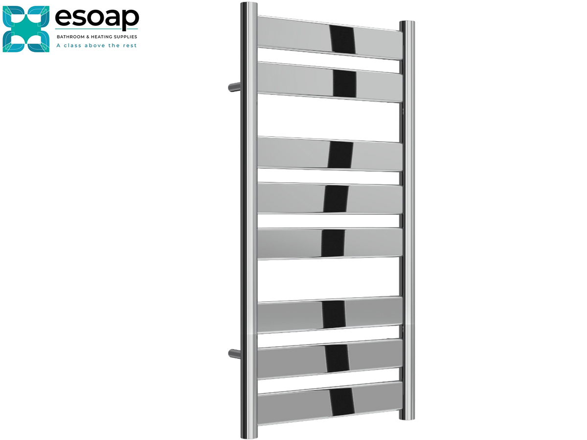 A modern vertical heated towel rail with alternating horizontal bars in silver and black, shown on a plain white background with the Esoap logo in the top-left corner Reina Carpi 800x400 Chrome Designer Radiator