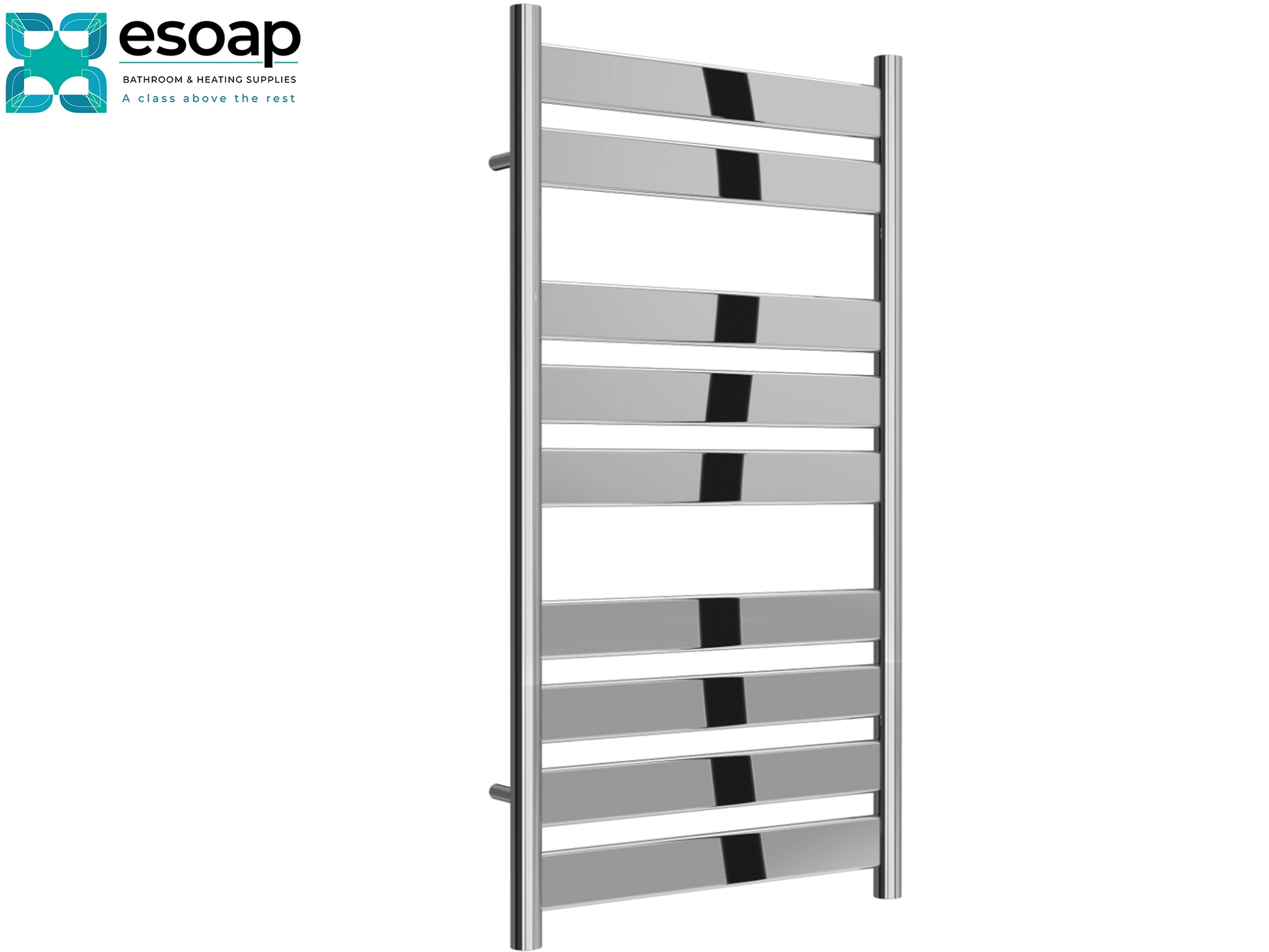  Capri 950 x 500 chrome Towel radiator with horizontal slats on a white background, featuring the Esoap brand.