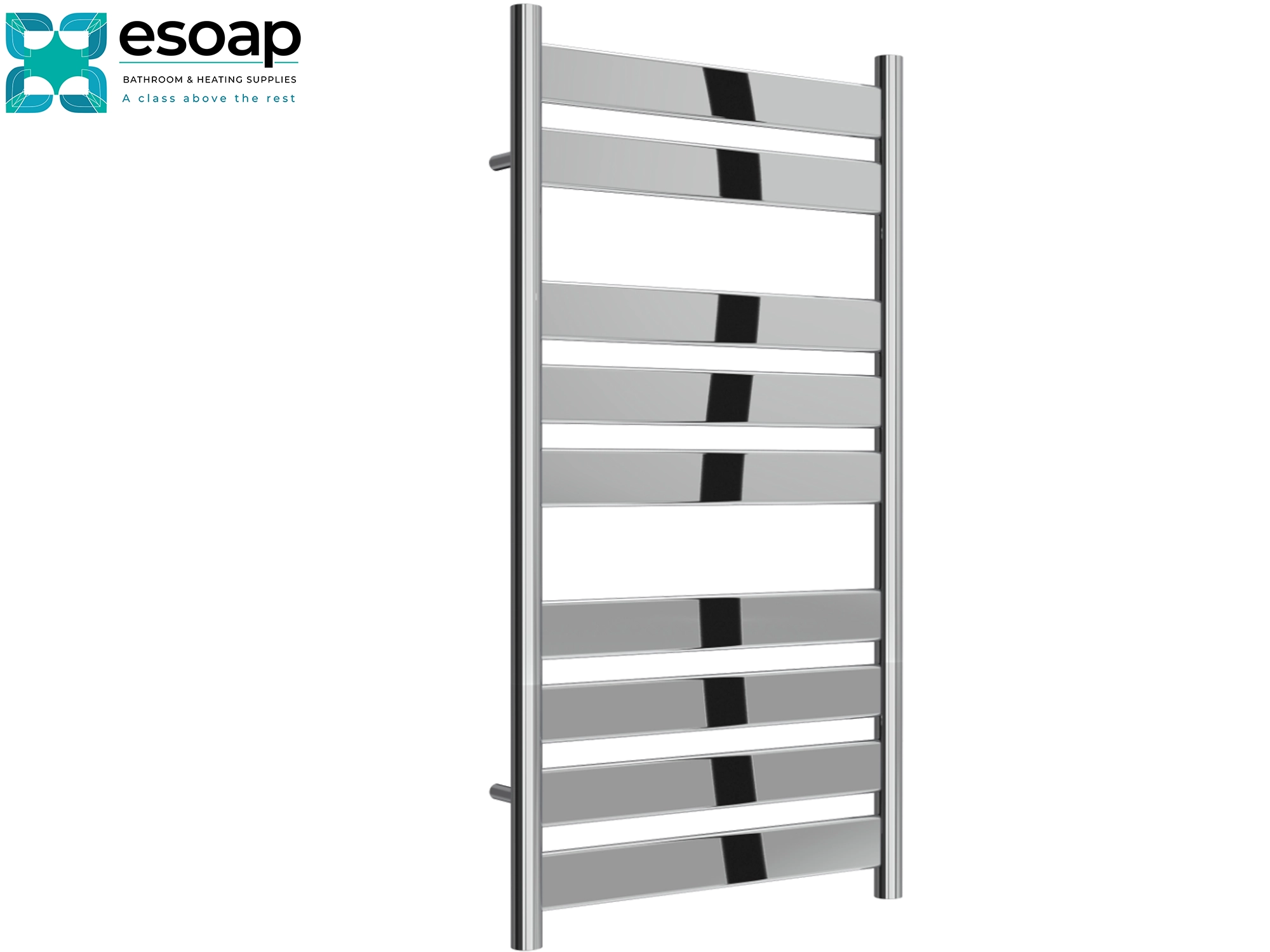  Capri 950 x 500 chrome Towel radiator with horizontal slats on a white background, featuring the Esoap brand.