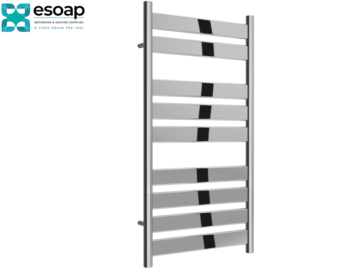 A modern heated towel rail with horizontal silver bars and black accent bands, shown on a plain white background with the Esoap logo in the top-left corner for Reina Carpi 950x500 Chrome Designer Radiator