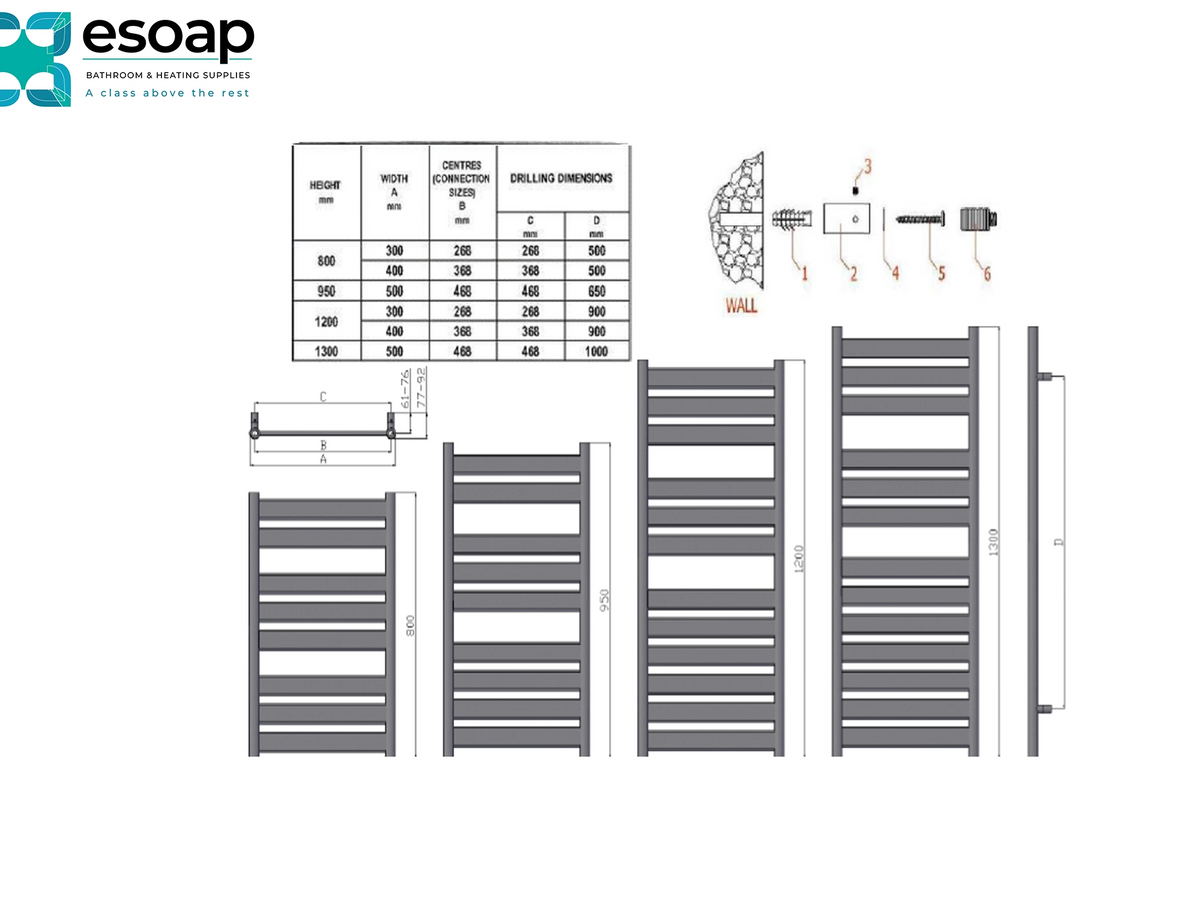 Technical specification sheet and dimension diagram for a towel rail, showing multiple side and front views with measurements, a drilling dimensions table, and a small installation diagram. The logo for esoap is visible in the top left corner. for Reina Carpi Chrome Designer Radiator Technical Drawing