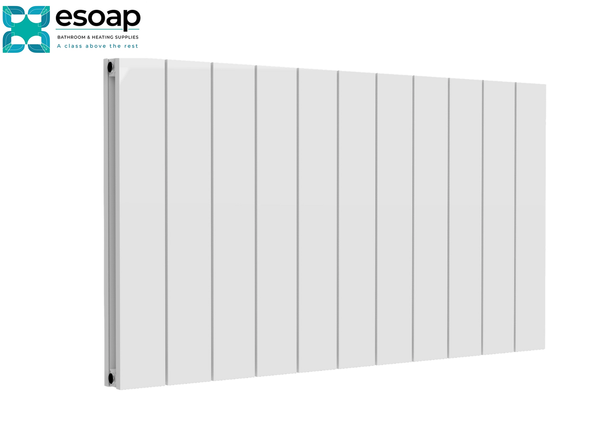 A white multi-panel vertical radiators by Esoap, shown at a three-quarter angle on a solid white background with the Esoap brand logo in the top-left corner Reina Casina Horizontal Double 600x1040 White Designer Radiator