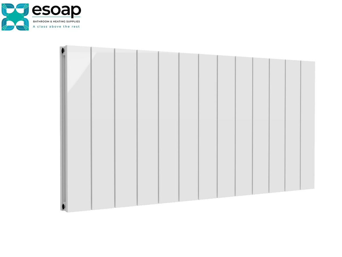 A white rectangular panel radiator shown at an angle on a plain white background, with the Esoap logo in the top-left corner Reina Casina Horizontal Double 600x1230 White Designer Radiator