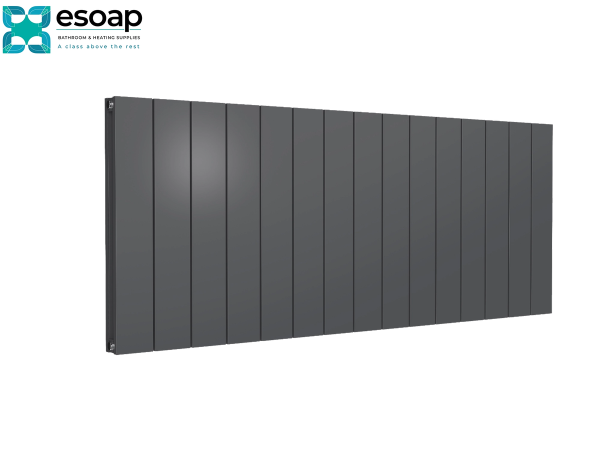 A long rectangular dark gray panel radiator shown at an angle on a white background, with the Esoap logo in the top-left corner Reina Casina Horizontal Double 600x1420 Anthracite