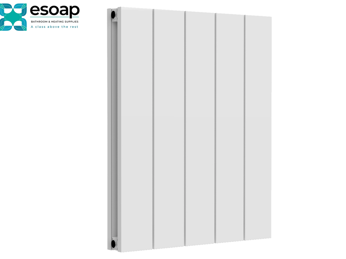 A white vertical panel radiator shown at a three-quarter angle on a white background, with the esoap brand logo in the top-left corner Reina Casina Horizontal Single 600x470 White Designer Radiator