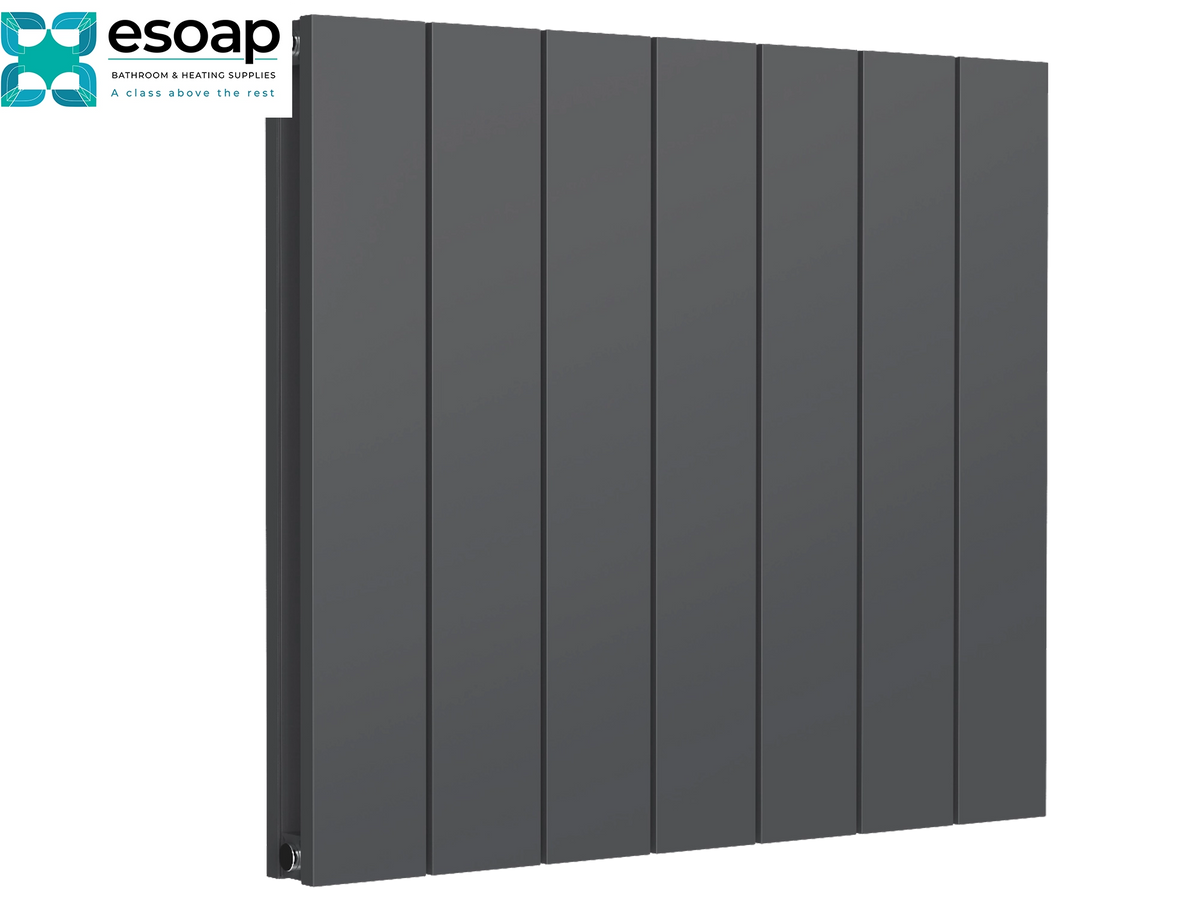 A dark gray vertical-panel radiator shown at a three-quarter angle on a white background, with the Esoap logo in the top-left corner. Reina Casina Horizontal Single 600x660 Anthracite Designer Radiator