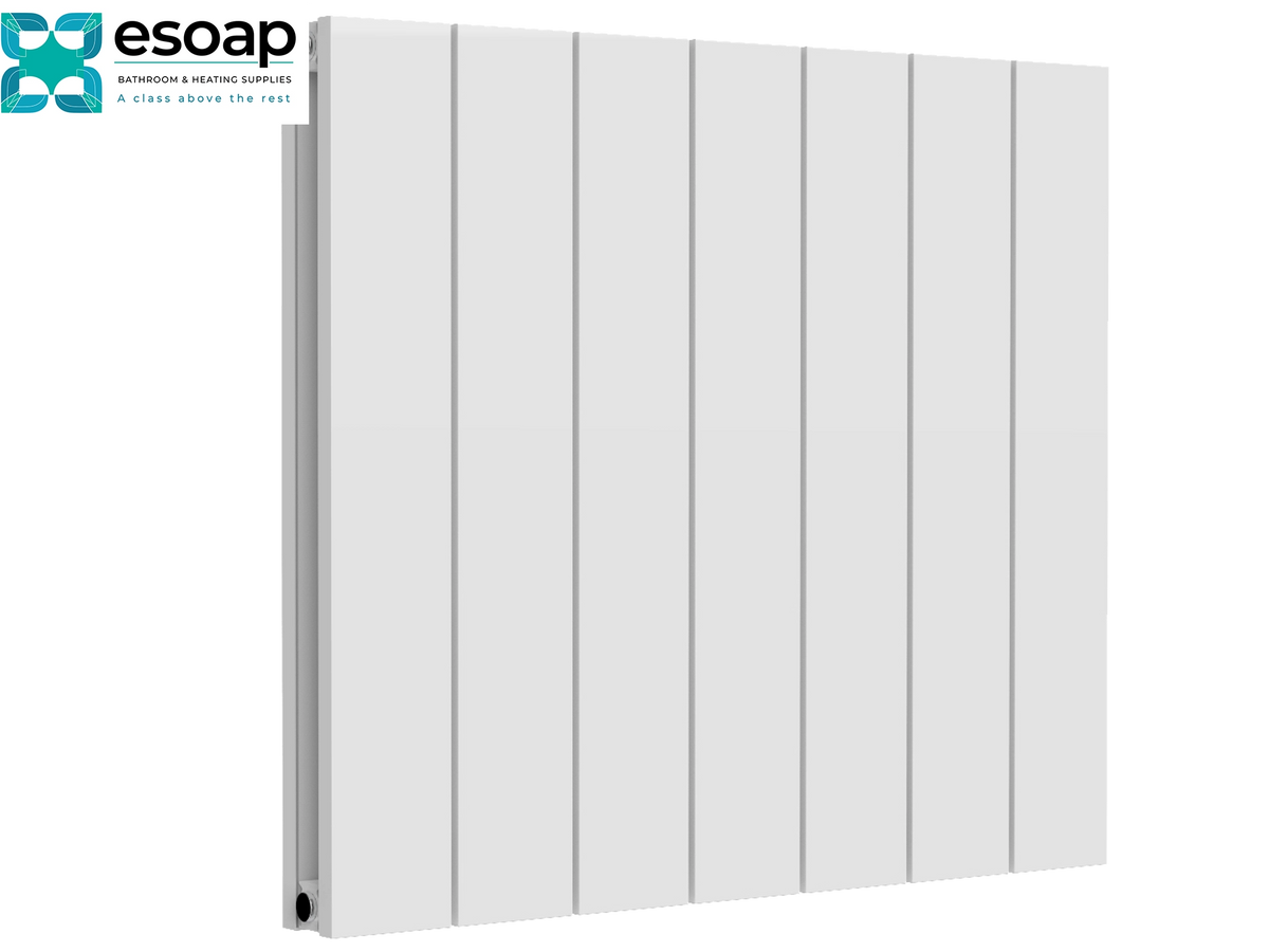 A white multi-panel vertical radiators by Esoap, shown at a three-quarter angle against a plain white background with the Esoap brand logo in the top-left corner Reina Casina Horizontal Single 600x660 White Designer Radiator