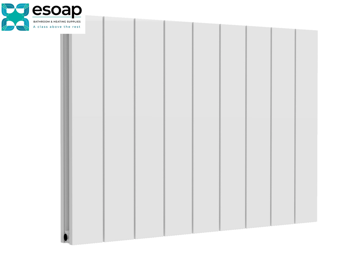 A white vertical-panel radiators by Esoap, shown at a three-quarter angle on a solid white background with the Esoap brand logo in the top-left corner Reina Casina Horizontal Single 600x850 White Designer Radiator