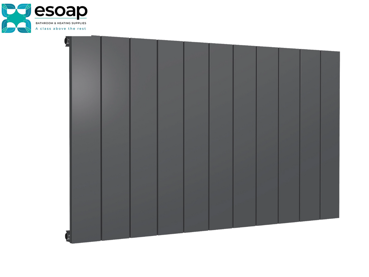 A dark gray vertical-panel radiators by Esoap, shown at an angle on a solid white background with the Esoap logo in the top-left corner Reina Casina Horizontal Single 600x1040 Anthracite Designer Radiator