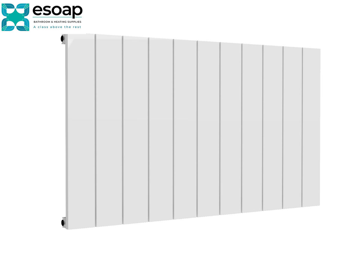 A white panel radiators by Esoap, featuring a modern vertical slat design, shown at an angle on a white background with the Esoap logo in the top-left corner Reina Casina Horizontal Single 600x1040 White Designer Radiator