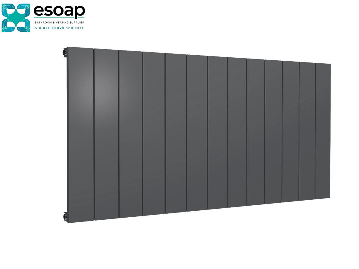 A dark gray vertical-panel radiators by Esoap, shown at an angle on a white background with the Esoap logo in the top-left corner Reina Casina Horizontal Single 600x1230 Anthracite