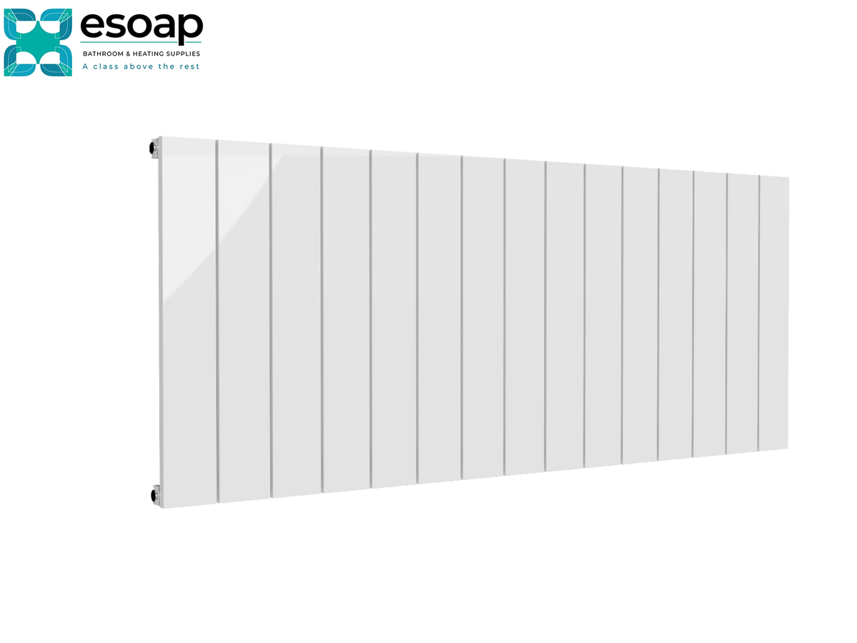 A white panel radiators by Esoap, shown from a three-quarters perspective against a solid white background, with the Esoap logo in the top-left corner Reina Casina Horizontal Single 600x1420 White