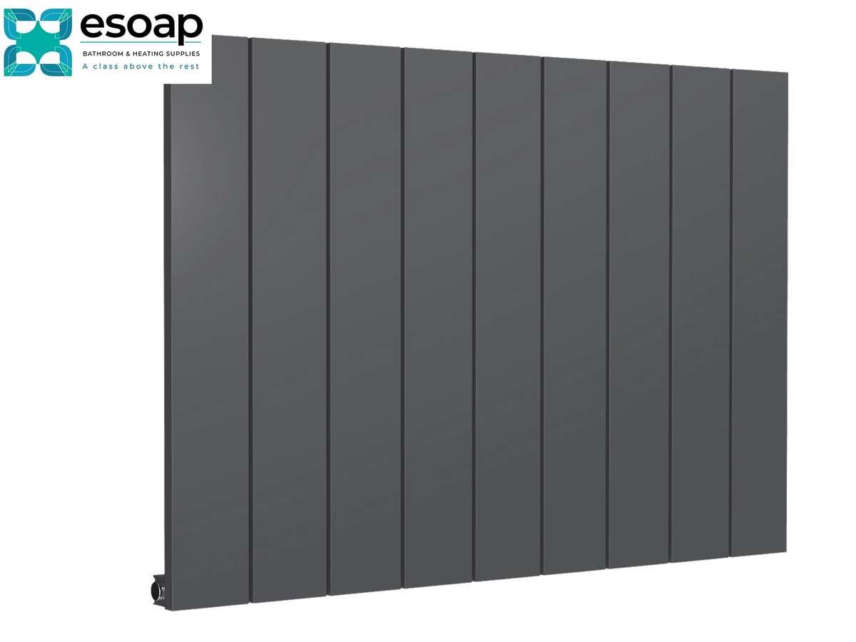 A dark gray panel radiators by Esoap, featuring a modern vertical slatted design, shown on a plain white background with the Esoap logo in the top-left corner reina-casina-horizontal-single-600x850-anthracite
