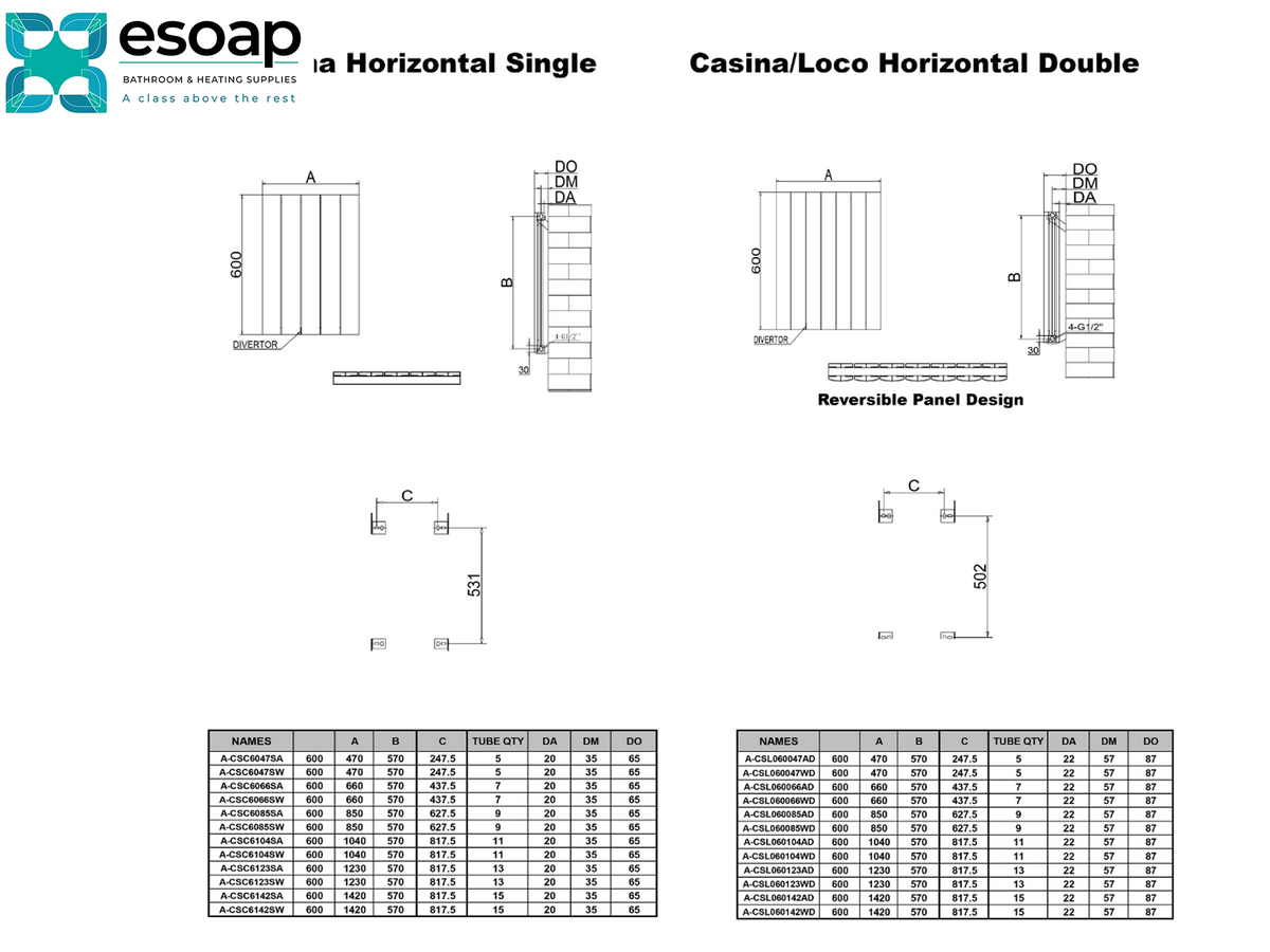 Technical specification sheet and dimension diagram for Esoap horizontal single and double casings, showing line drawings with labeled dimensions and two data tables at the bottom reina casina horizontal single Double Designer Radiator