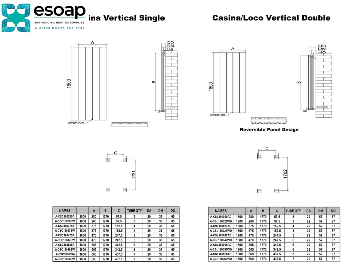 Technical specification sheet and dimension diagram for Esoap vertical single and double wall cladding panels, showing labeled line drawings, measurements, and two data tables on a white background Reina casino Vertical  single Double Designer Radiator