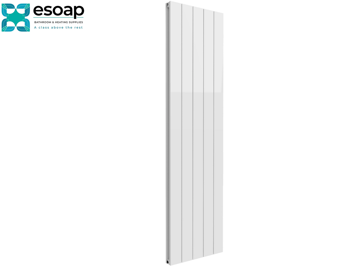 A tall, narrow white radiator with vertical panel fins, shown on a plain white background with the Esoap logo in the top-left corner. Reina Casina Vertical Double 1800x470 White Designer Radiator