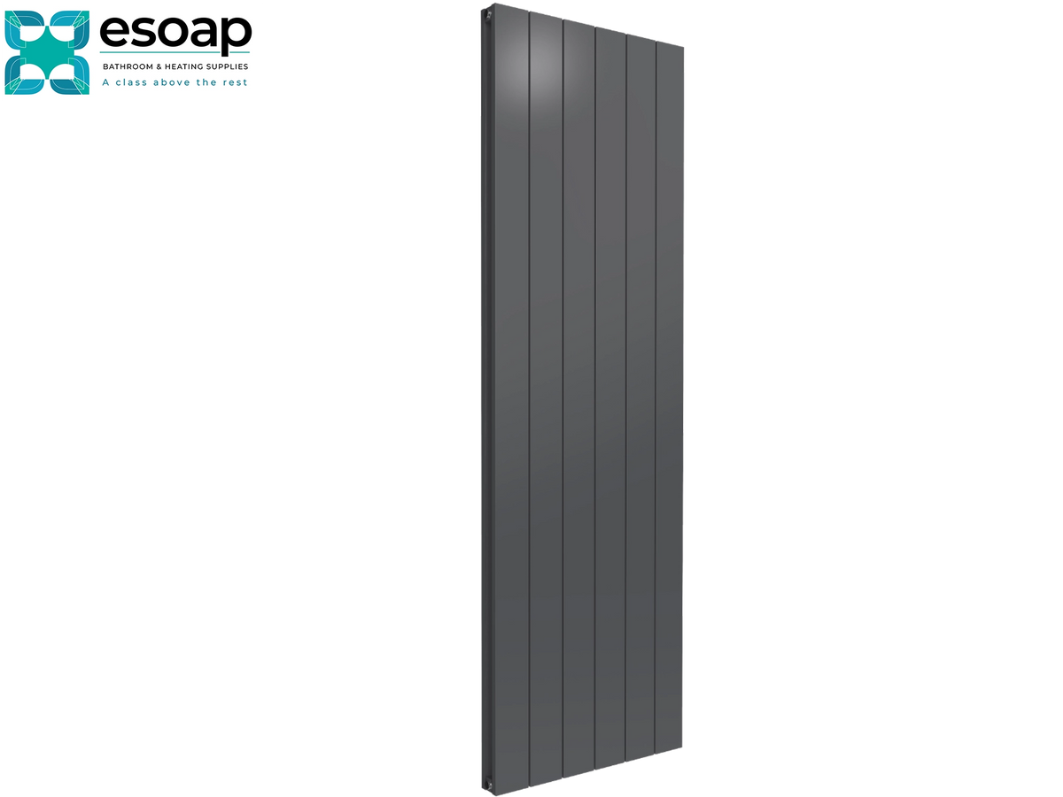 A tall, narrow dark gray vertical panel heater shown on a plain white background, with the Esoap logo in the top-left corner. Reina Casina Vertical Double 1800x565 Anthracite Designer Radiator
