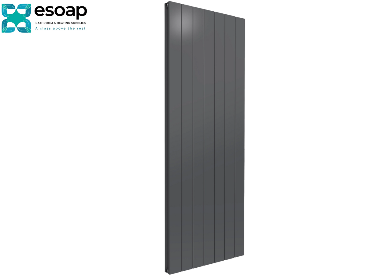 A tall, narrow dark gray panel with vertical grooves, shown upright on a plain white background. The Esoap logo appears in the top-left corner Reina Casina Vertical Double 1800x660 Anthracite Designer Radiator