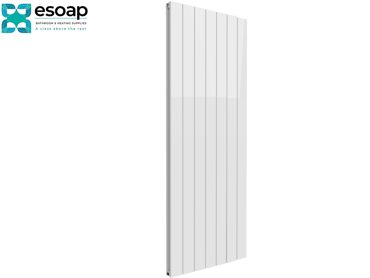 A tall, white vertical panel radiator shown at a slight angle on a plain white background, with the Esoap brand logo in the top-left corner Reina Casina Vertical Double 1800x660 White Designer Radiator
