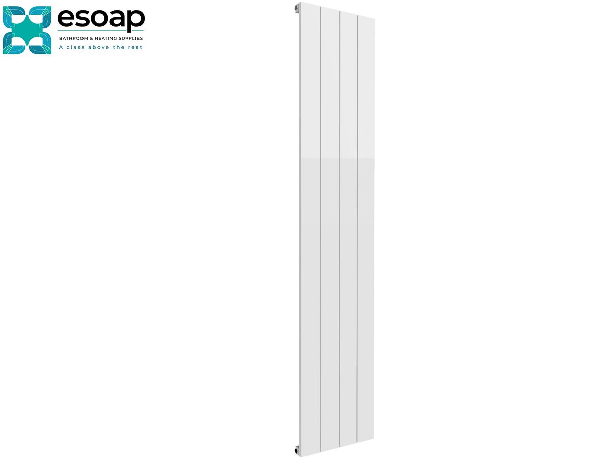 A tall, narrow white panel radiator shown vertically against a plain white background, with the Esoap brand logo in the top-left corner. Reina Casina Vertical Single 1800x375 White Designer Radiator