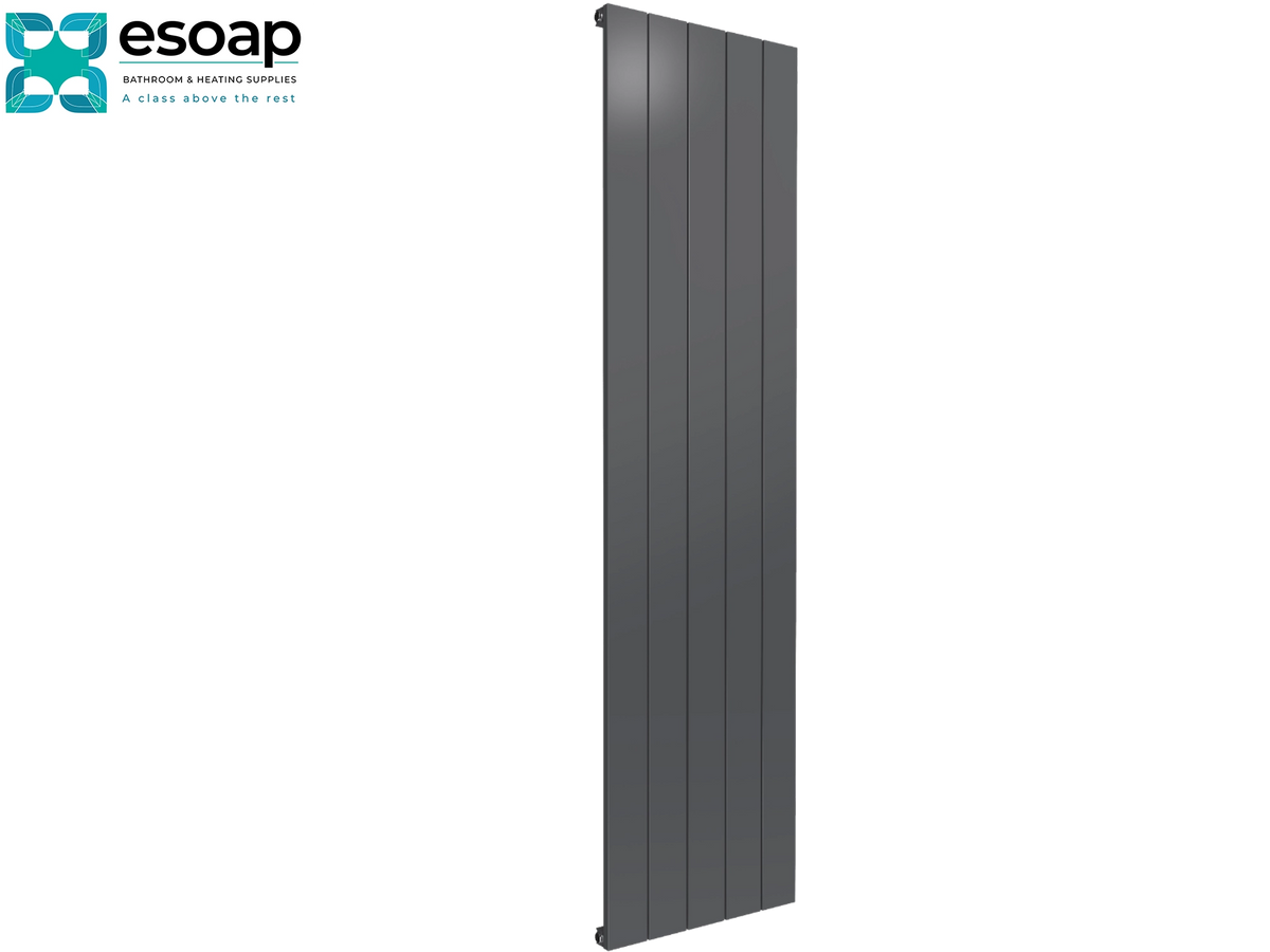 A tall, narrow dark gray vertical panel radiator shown on a plain white background, with the Esoap logo in the top-left corner. Reina Casina Vertical Single 1800x470 Anthracite Designer Radiator