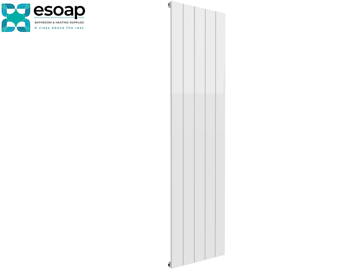 A tall, narrow white radiator panel with vertical fins, shown against a plain white background with the Esoap logo in the top-left corner. Reina Casina Vertical Single 1800x470 White Designer Radiator