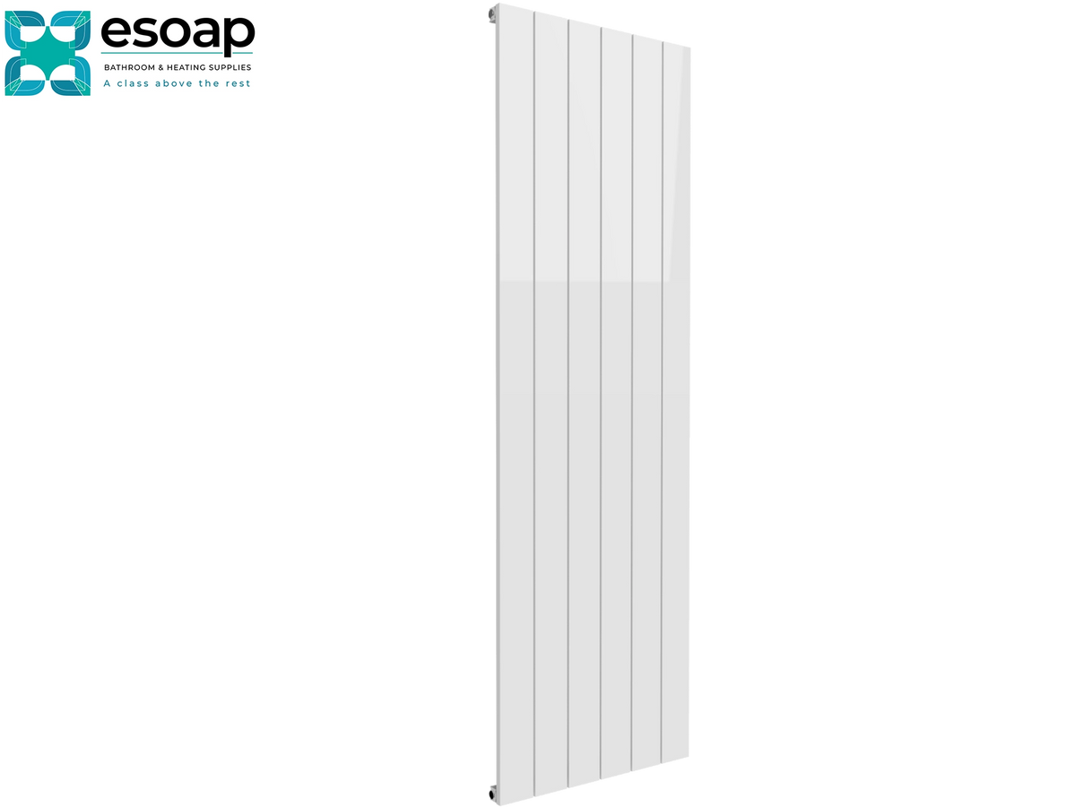 A tall, narrow white panel radiator shown on a plain white background, with the Esoap brand logo in the top-left corner. Reina Casina Vertical Single 1800x565 White Designer Radiator