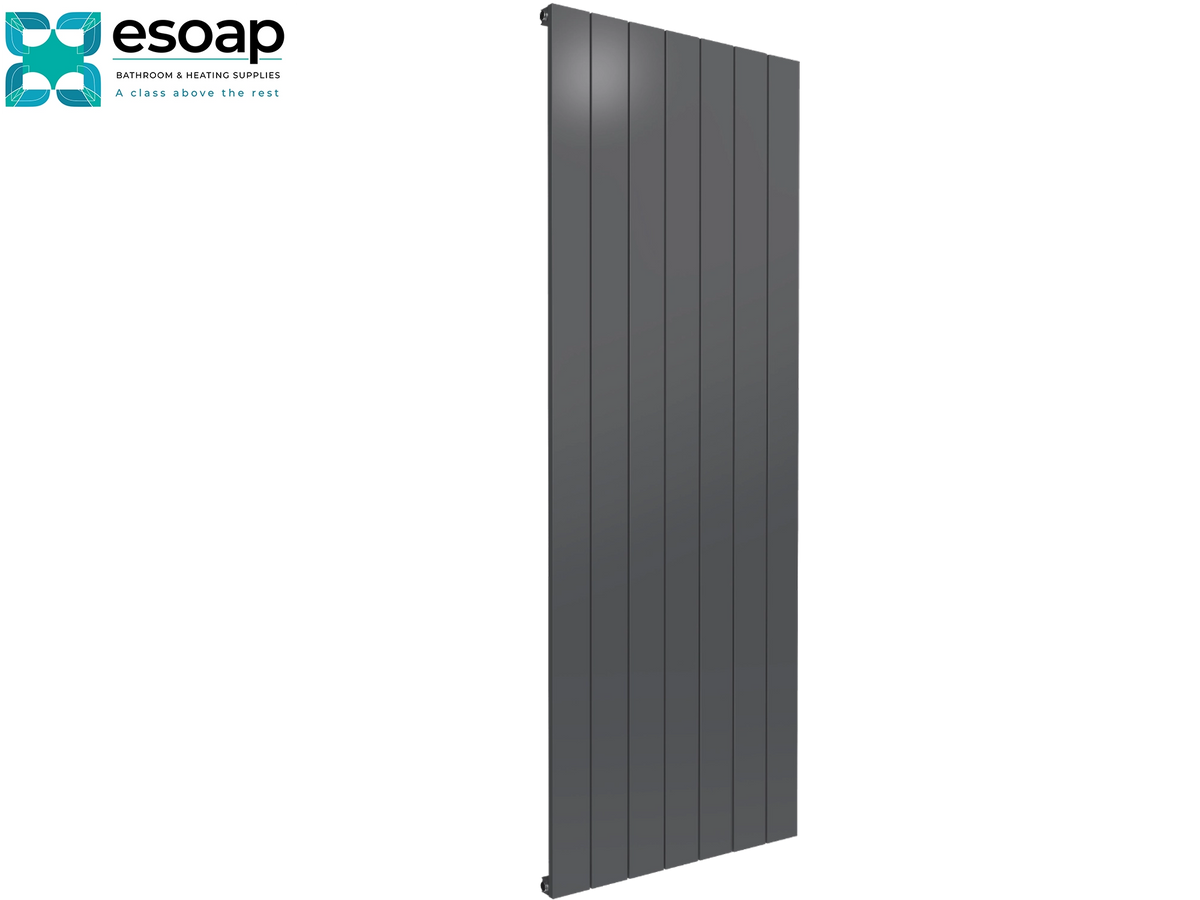A tall, dark gray vertical panel radiator shown on a plain white background, with the Esoap logo in the top-left corner. Reina Casina Vertical Single 1800x660 Anthracite Designer Radiator