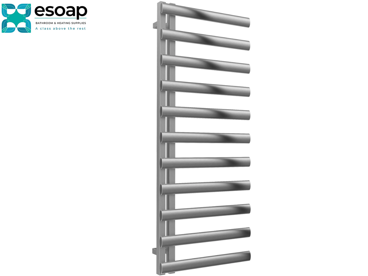 A modern stainless steel heated towel rail with horizontal bars, shown on a plain white background with the Esoap brand logo in the top-left corner. Reina Cavo 1230x500 Brushed Stainless Steel Designer Radiator